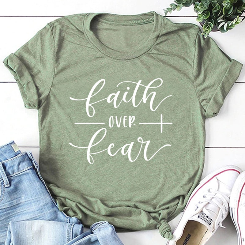 Faith Over Fear Christian T-Shirt - Olive White text / Bust- 120cm/47.24in, Length- 72cm/28.34in