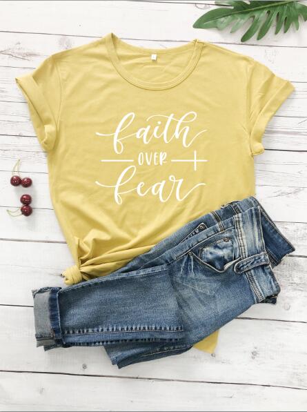 Faith Over Fear Christian T-Shirt - Mustard White text / Bust- 102cm/40.15in, Length- 68cm/26.77in