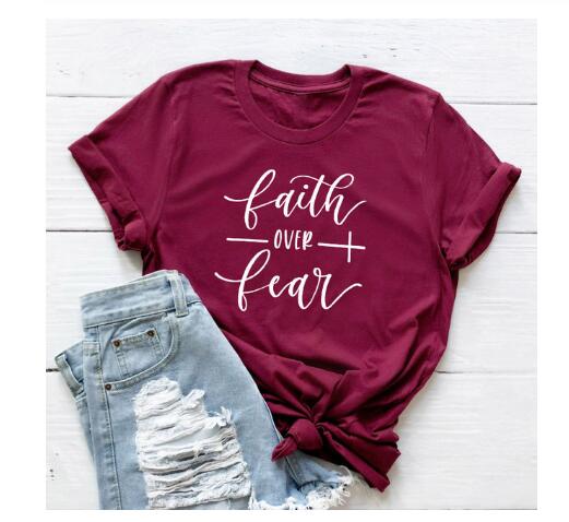 Faith Over Fear Christian T-Shirt - Burgundy White text / Bust- 102cm/40.15in, Length- 68cm/26.77in