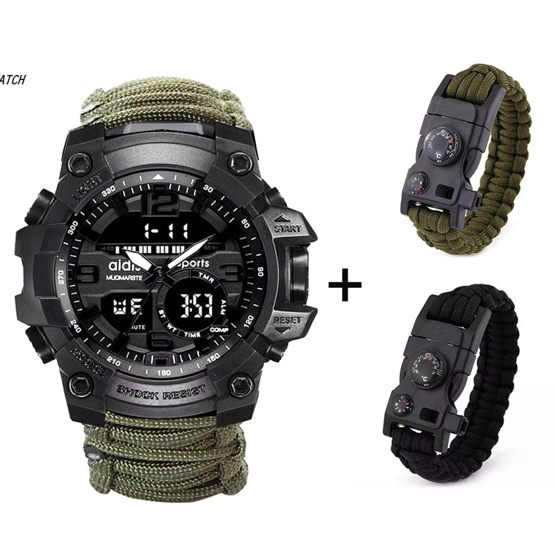 LED Military Watch with compass 30M Waterproof - Green- All