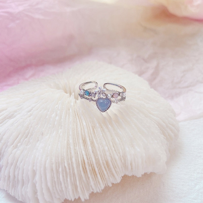 Adjustable Crystal Flower Ring for Women - 2 layer blue heart / Resizable