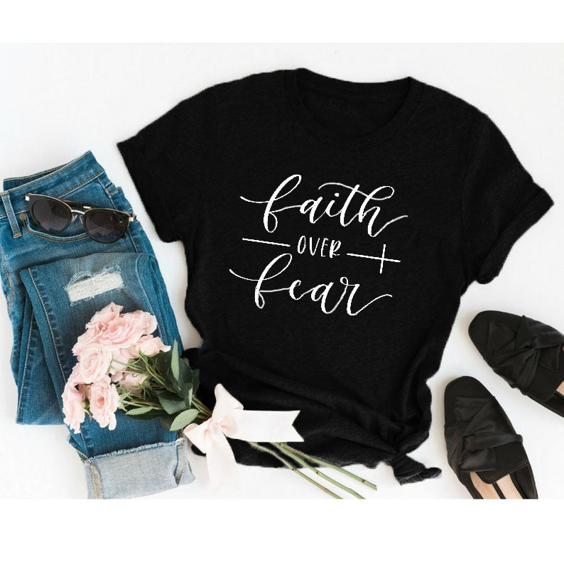 Faith Over Fear Christian T-Shirt - Black White Text / Bust- 92cm/36.22in, Length- 65cm/25.59in