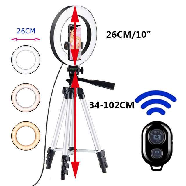 26cm Led Selfie Ring Light  Bluetooth Remote Lamp & Tripod Holder - 102Cm-selver