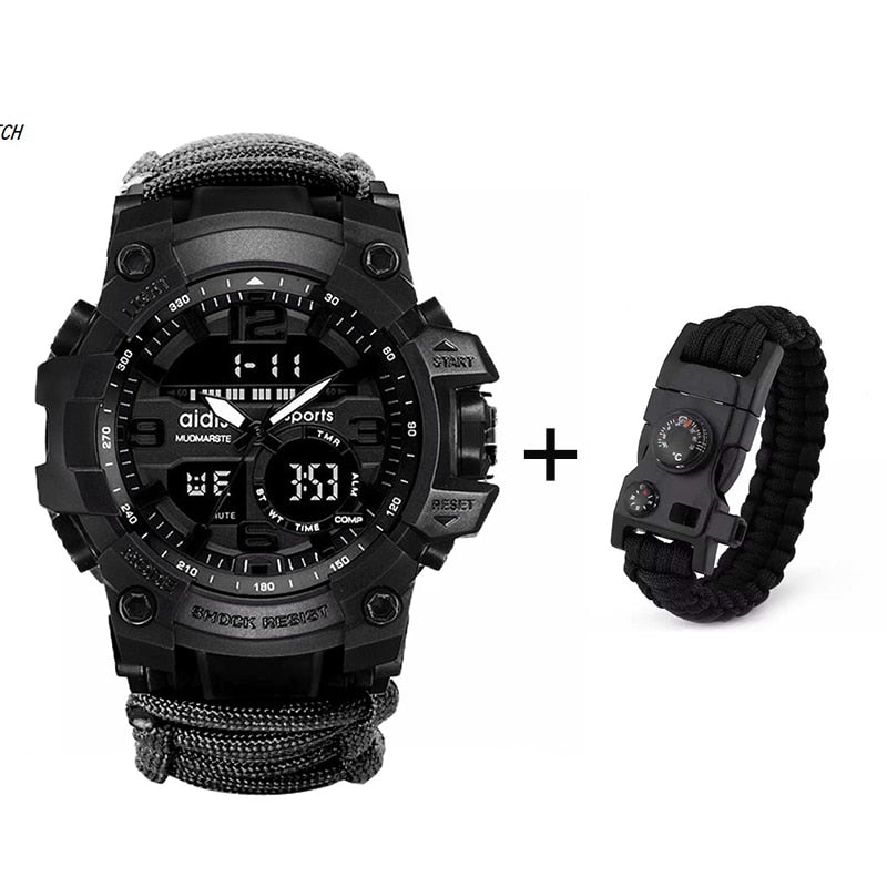 LED Military Watch with compass 30M Waterproof - Black-Black