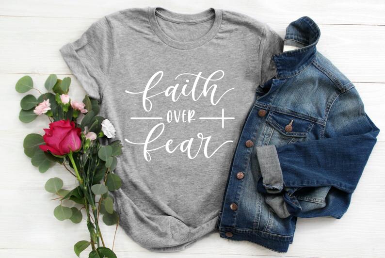 Faith Over Fear Christian T-Shirt - Gray White text / Bust- 120cm/47.24in, Length- 72cm/28.34in