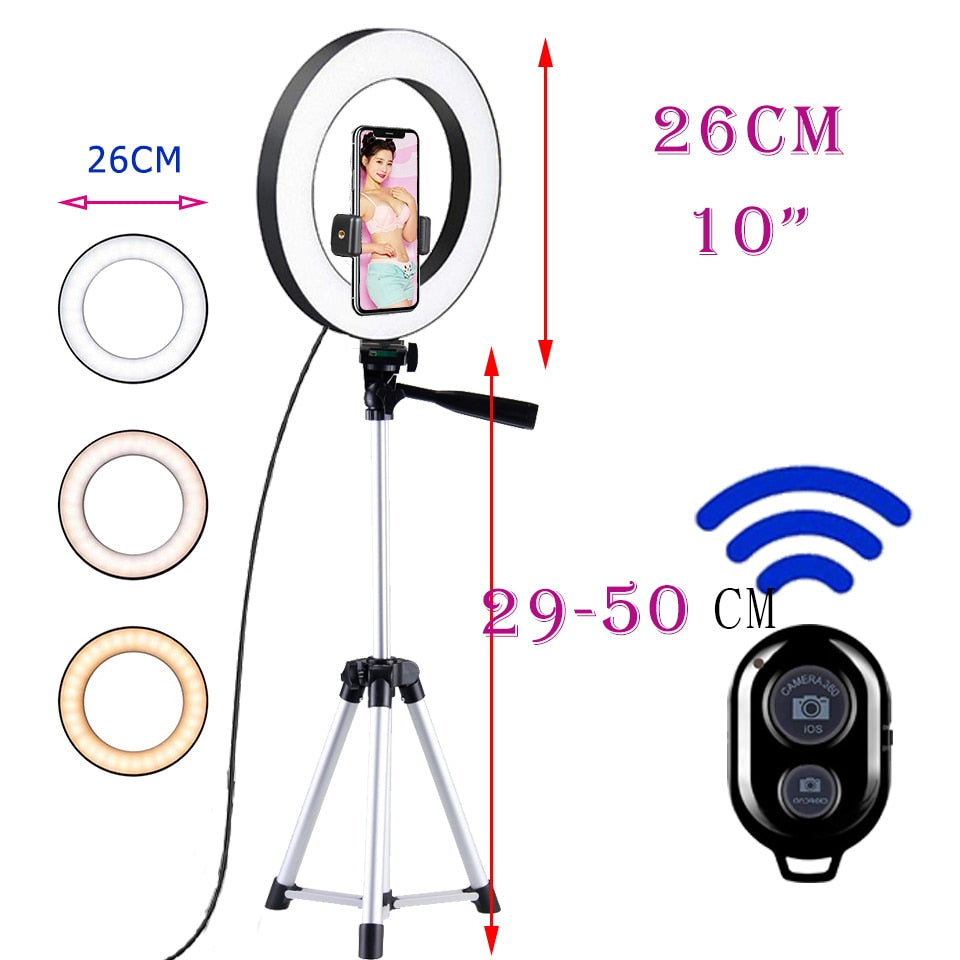 26cm Led Selfie Ring Light  Bluetooth Remote Lamp & Tripod Holder