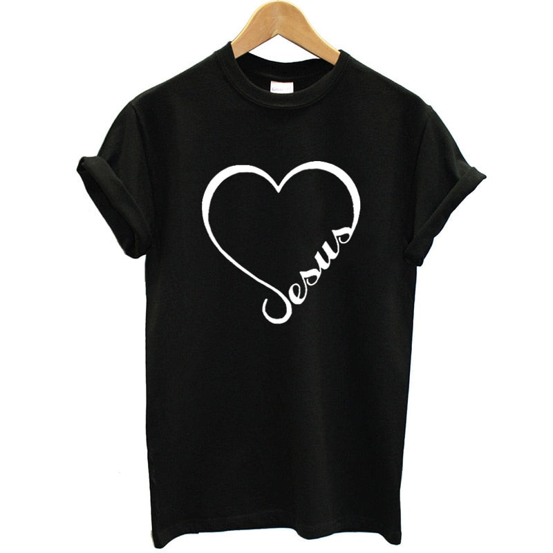 Love Heart Jesus Faith T Shirt - Black / Bust- 88cm/34.6in, Length- 63cm/24.9in