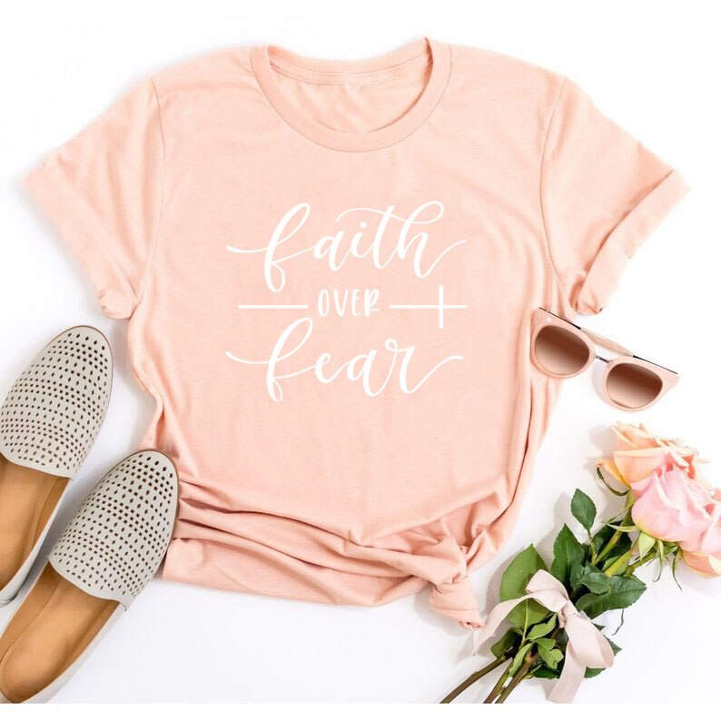 Faith Over Fear Christian T-Shirt - Peach White text / Bust- 102cm/40.15in, Length- 68cm/26.77in