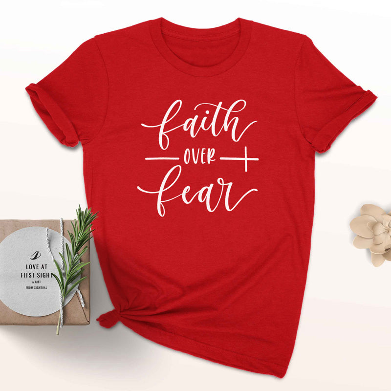 Faith Over Fear Christian T-Shirt - Red White text / Bust- 114cm/44.88in, Length- 71cm/27.95in