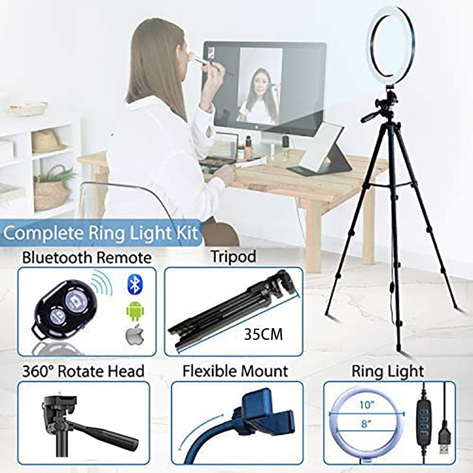 26cm Led Selfie Ring Light  Bluetooth Remote Lamp & Tripod Holder