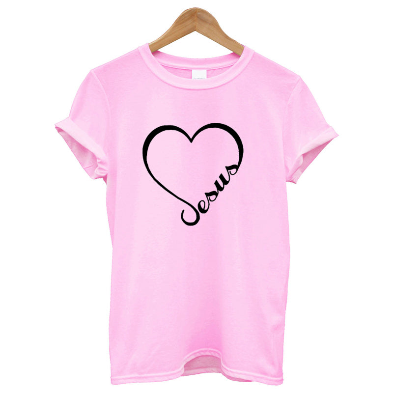 Love Heart Jesus Faith T Shirt - Pink / Bust- 118cm/46.5in, Length- 76cm/30.0in