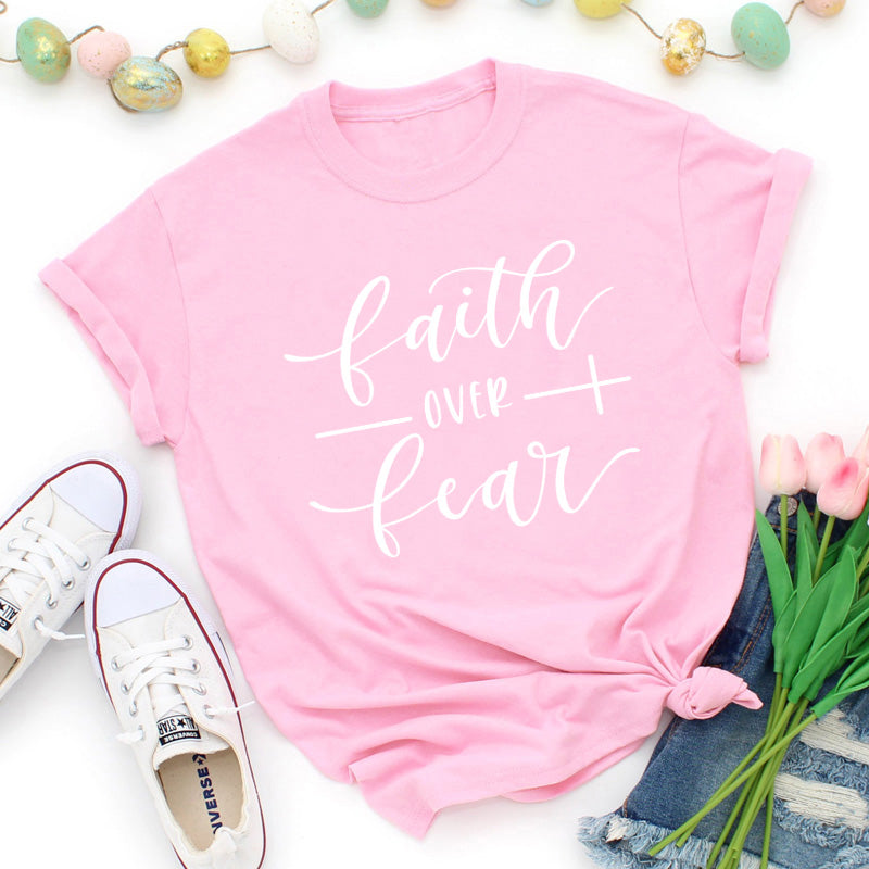 Faith Over Fear Christian T-Shirt - Pink White text / Bust- 92cm/36.22in, Length- 65cm/25.59in