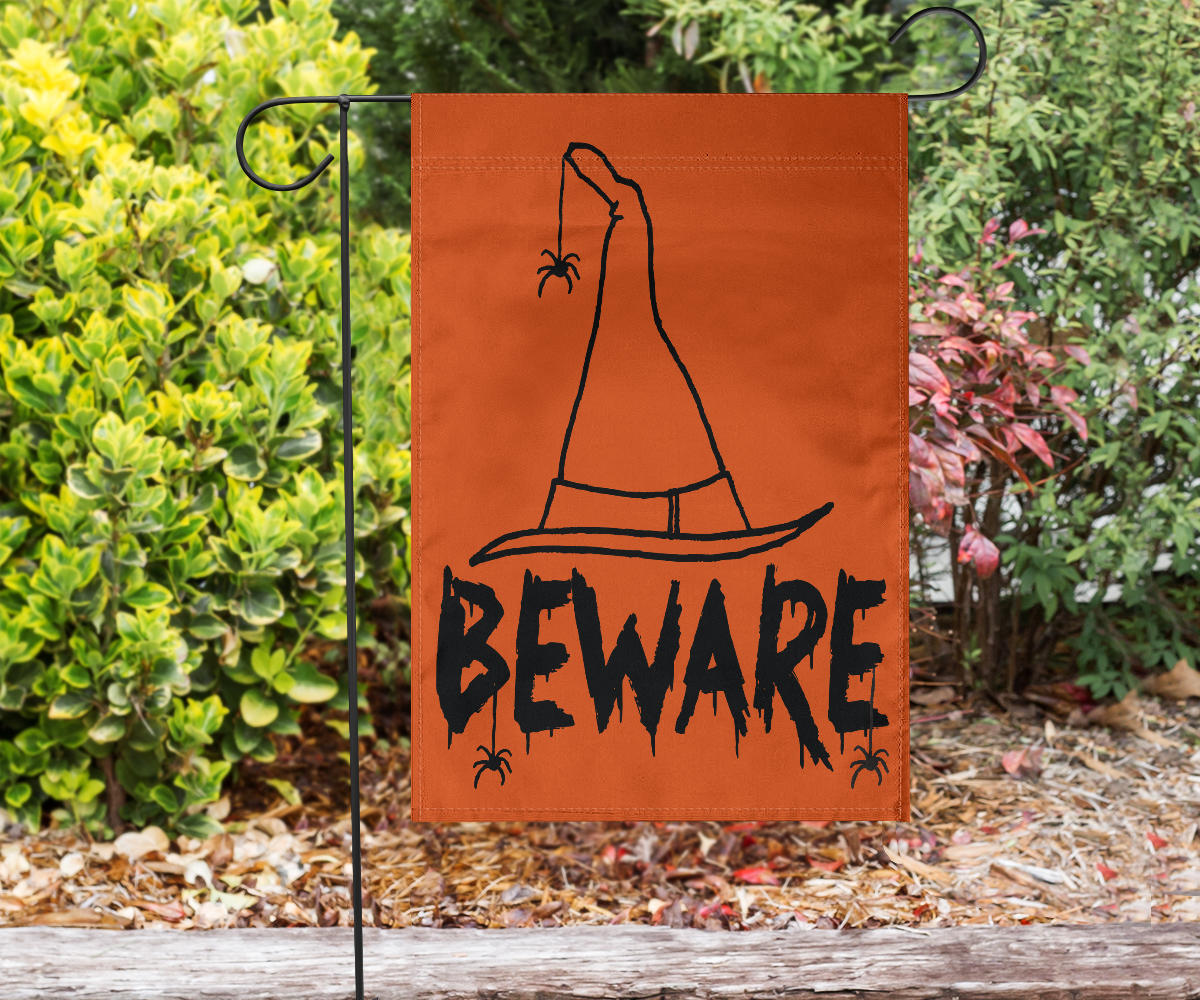 Beware Witches Hat (Orange) - Halloween Flag - Flag - Beware Witches Hat (Orange) - Halloween Flag / Garden Flag (18" X 12")