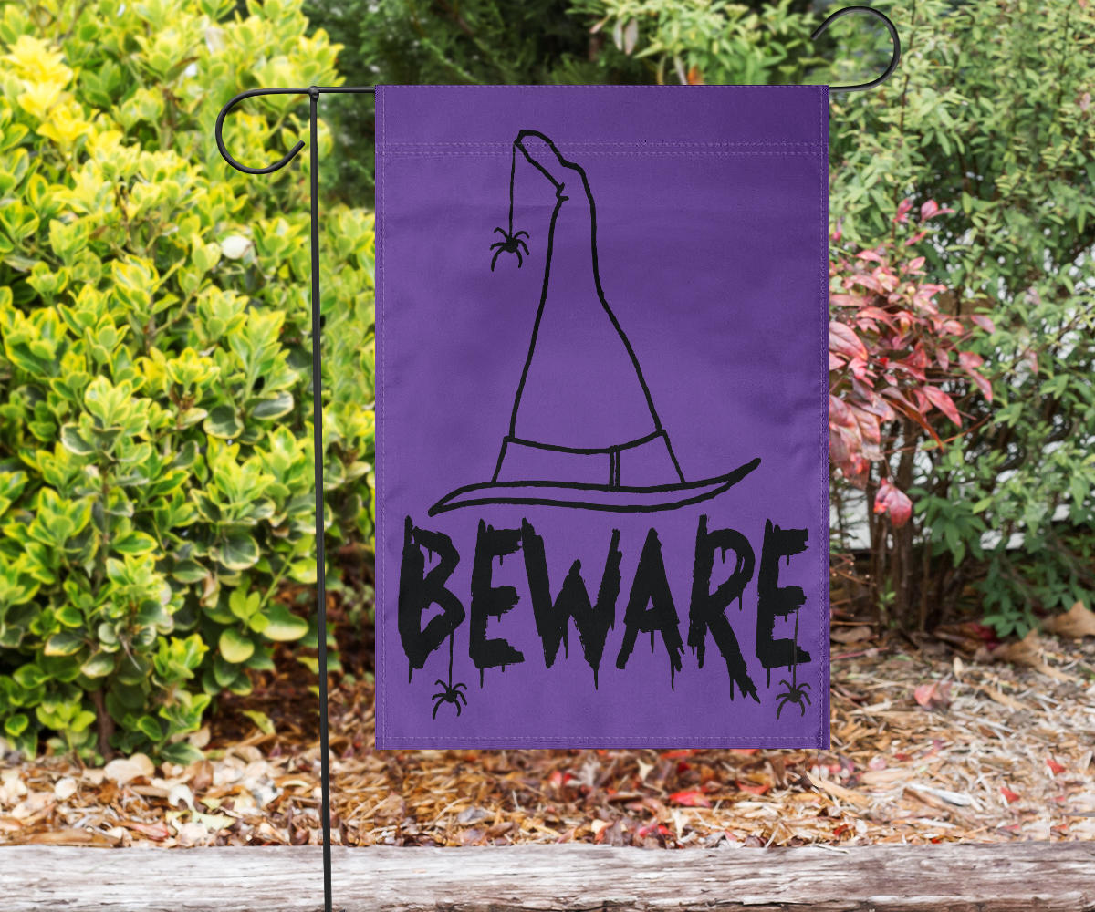 Beware Witches Hat (Purple) - Halloween Flag - Flag - Beware Witches Hat (Purple) - Halloween Flag / Garden Flag (18" X 12")