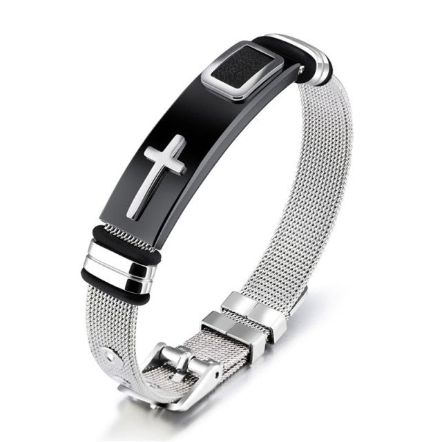 Adjustable Stainless Steel Mesh Band Cross Charm Bracelet - 80543