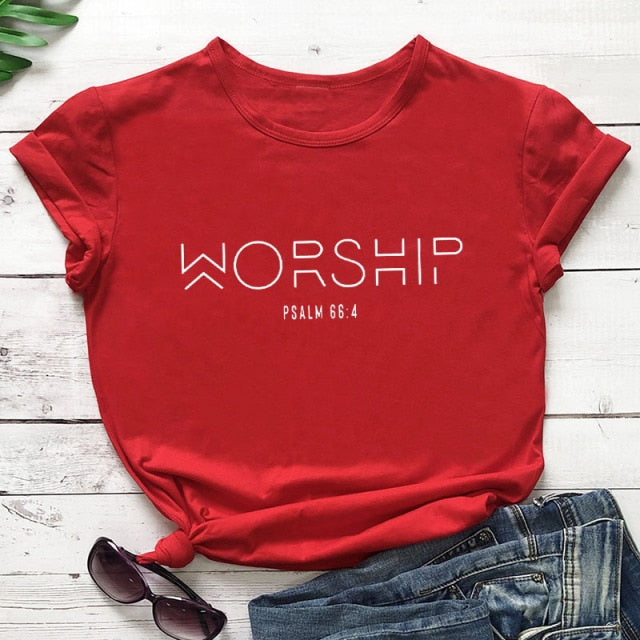 "Worship" Christian T-Shirt - red-white text / S / China - red-white text / M / China - red-white text / L / China - red-white text / XL / China - red-white text / XXL / China - red-white text / XXXL / China