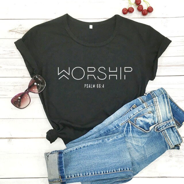 "Worship" Christian T-Shirt - black-white text / S / China - black-white text / M / China - black-white text / L / China - black-white text / XL / China - black-white text / XXL / China - black-white text / XXXL / China