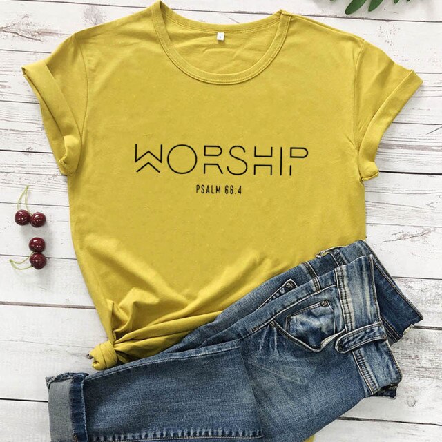 "Worship" Christian T-Shirt - mustard-black text / XXL / China - mustard-black text / XXXL / China - mustard-black text / S / China - mustard-black text / M / China - mustard-black text / L / China - mustard-black text / XL / China