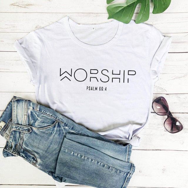 "Worship" Christian T-Shirt - white-black text / S / China - white-black text / M / China - white-black text / L / China - white-black text / XL / China - white-black text / XXL / China - white-black text / XXXL / China