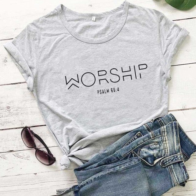 "Worship" Christian T-Shirt - gray-black text / S / China - gray-black text / M / China - gray-black text / L / China - gray-black text / XL / China - gray-black text / XXL / China - gray-black text / XXXL / China