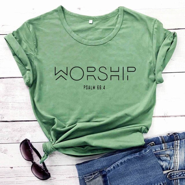 "Worship" Christian T-Shirt - olive-black text / S / China - olive-black text / M / China - olive-black text / L / China - olive-black text / XL / China - olive-black text / XXL / China - olive-black text / XXXL / China