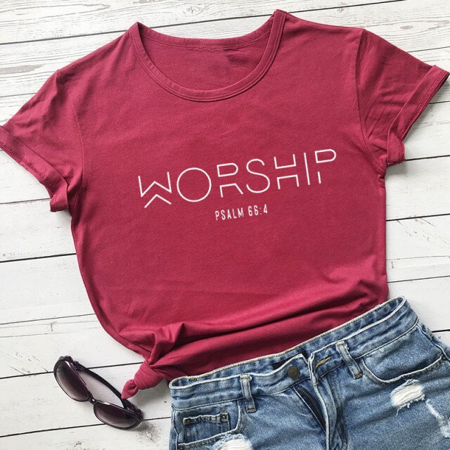 "Worship" Christian T-Shirt - burgundy-white text / S / China - burgundy-white text / M / China - burgundy-white text / L / China - burgundy-white text / XL / China - burgundy-white text / XXL / China - burgundy-white text / XXXL / China