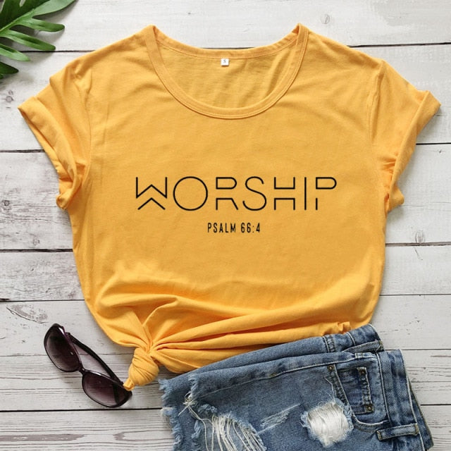 "Worship" Christian T-Shirt - yellow-black text / S / China - yellow-black text / M / China - yellow-black text / L / China - yellow-black text / XL / China - yellow-black text / XXL / China - yellow-black text / XXXL / China