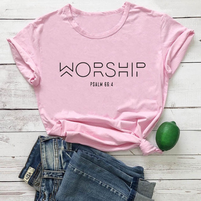 "Worship" Christian T-Shirt - pink-black text / S / China - pink-black text / M / China - pink-black text / L / China - pink-black text / XL / China - pink-black text / XXL / China - pink-black text / XXXL / China