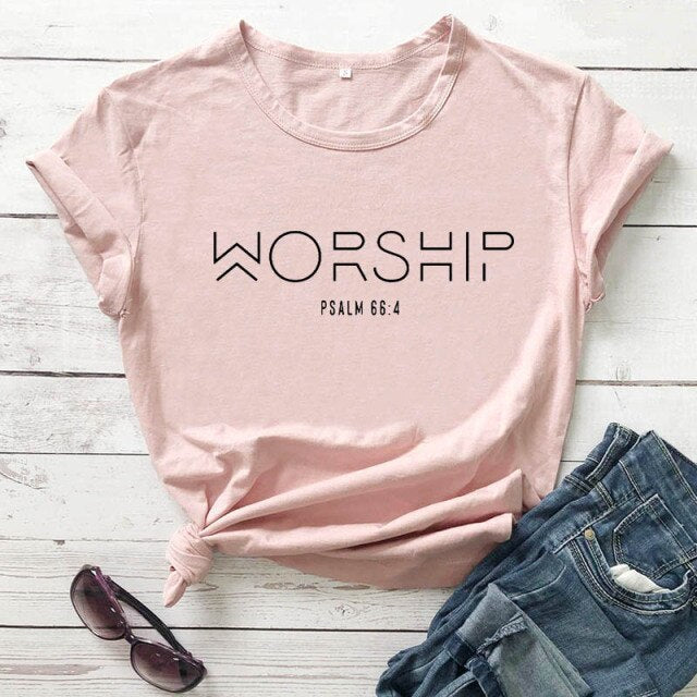 "Worship" Christian T-Shirt - peach-black text / S / China - peach-black text / M / China - peach-black text / L / China - peach-black text / XL / China - peach-black text / XXL / China - peach-black text / XXXL / China