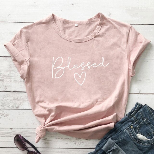 Blessed Heart Women’s T-shirt - peach-white text / S / China - peach-white text / M / China - peach-white text / L / China - peach-white text / XL / China - peach-white text / XXL / China - peach-white text / XXXL / China