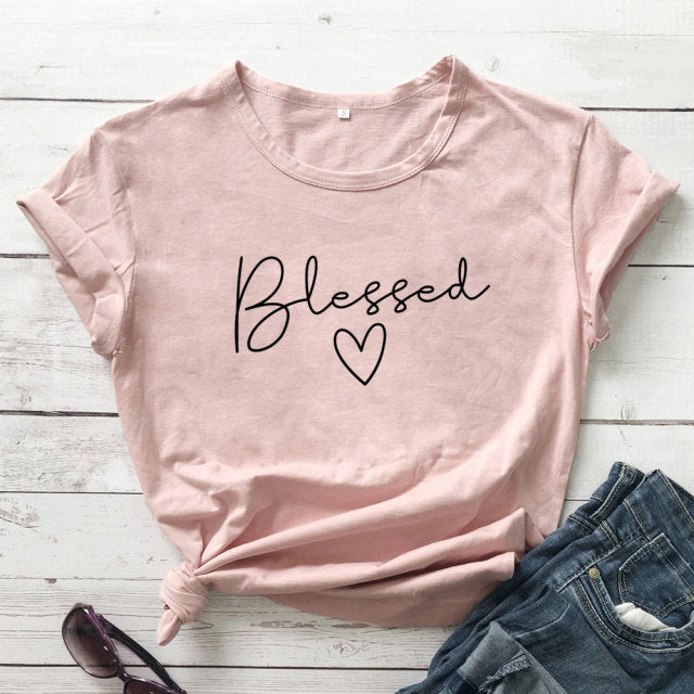 Blessed Heart Women’s T-shirt - peach-black text / S / China - peach-black text / M / China - peach-black text / L / China - peach-black text / XL / China - peach-black text / XXL / China - peach-black text / XXXL / China