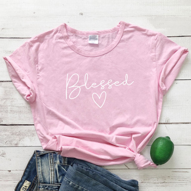 Blessed Heart Women’s T-shirt - pink-white text / S / China - pink-white text / M / China - pink-white text / L / China - pink-white text / XL / China - pink-white text / XXL / China - pink-white text / XXXL / China