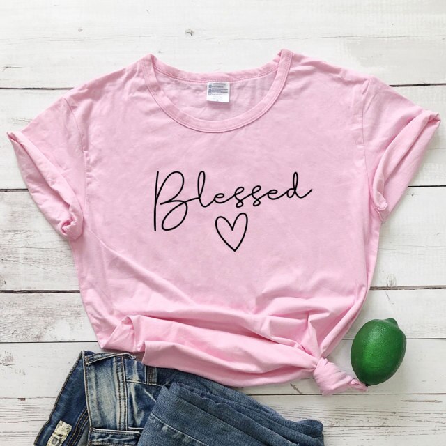 Blessed Heart Women’s T-shirt - pink-black text / S / China - pink-black text / M / China - pink-black text / L / China - pink-black text / XL / China - pink-black text / XXL / China - pink-black text / XXXL / China