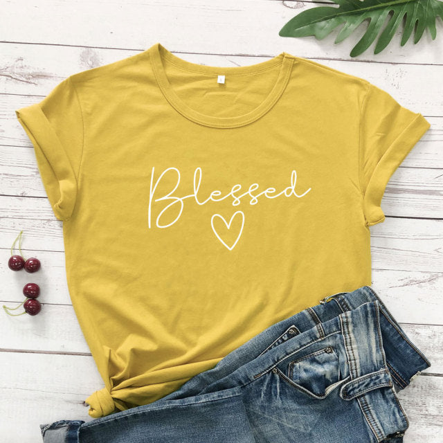 Blessed Heart Women’s T-shirt - mustard-white text / S / China - mustard-white text / M / China - mustard-white text / L / China - mustard-white text / XL / China - mustard-white text / XXL / China - mustard-white text / XXXL / China