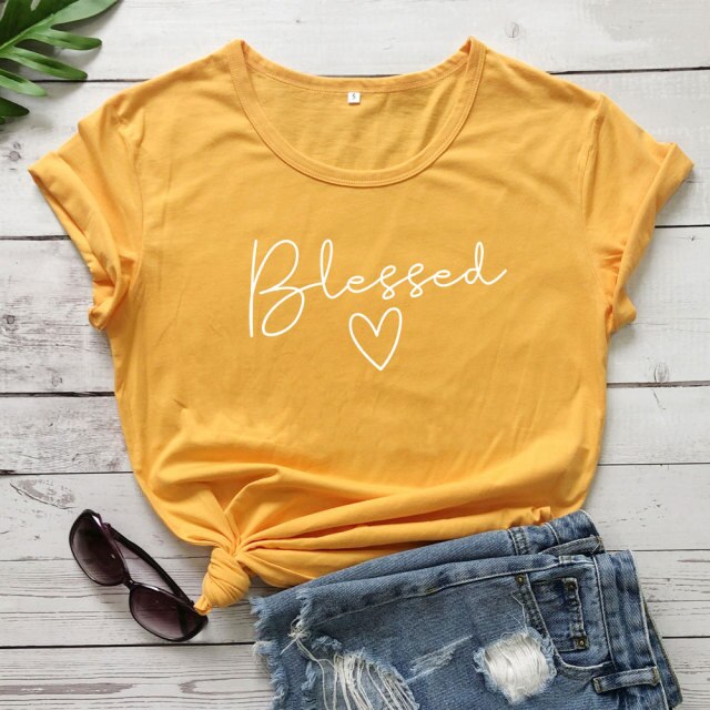 Blessed Heart Women’s T-shirt - yellow-white text / S / China - yellow-white text / M / China - yellow-white text / L / China - yellow-white text / XL / China - yellow-white text / XXL / China - yellow-white text / XXXL / China