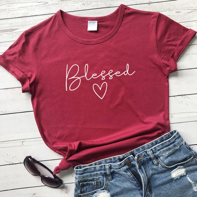 Blessed Heart Women’s T-shirt - burgundy-white text / S / China - burgundy-white text / M / China - burgundy-white text / L / China - burgundy-white text / XL / China - burgundy-white text / XXL / China - burgundy-white text / XXXL / China