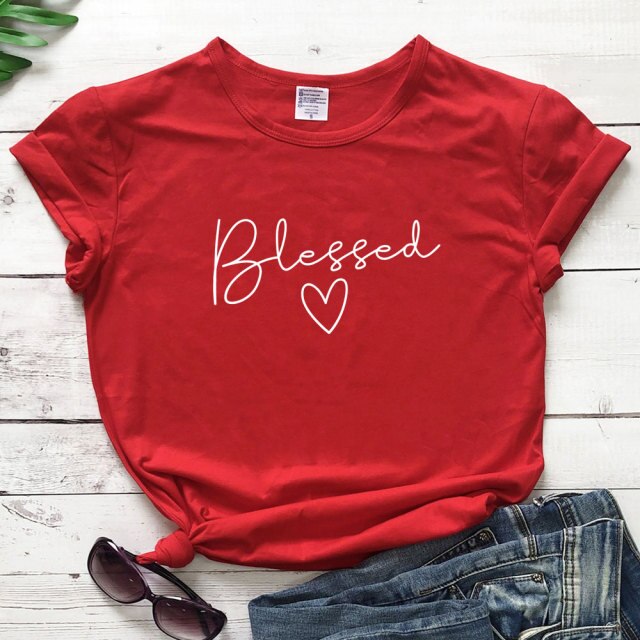 Blessed Heart Women’s T-shirt - red-white text / S / China - red-white text / M / China - red-white text / L / China - red-white text / XL / China - red-white text / XXL / China - red-white text / XXXL / China