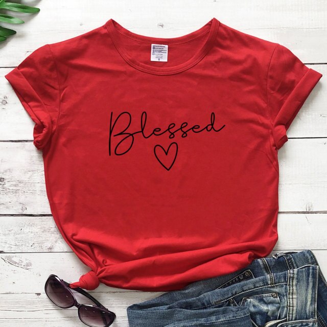 Blessed Heart Women’s T-shirt - red-black text / S / China - red-black text / M / China - red-black text / L / China - red-black text / XL / China - red-black text / XXL / China - red-black text / XXXL / China