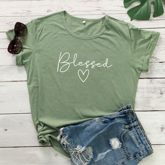 Blessed Heart Women’s T-shirt - olive-white text / S / China - olive-white text / M / China - olive-white text / L / China - olive-white text / XL / China - olive-white text / XXL / China - olive-white text / XXXL / China