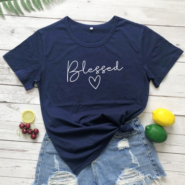 Blessed Heart Women’s T-shirt - navy blue-white text / S / China - navy blue-white text / M / China - navy blue-white text / L / China - navy blue-white text / XL / China - navy blue-white text / XXL / China - navy blue-white text / XXXL / China