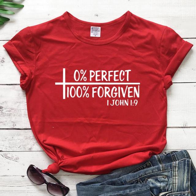 0% Perfect 100% Forgiven T-Shirt - Red white txt / XL - Red white txt / XXL - Red white txt / M - Red white txt / L - Red white txt / XS - Red white txt / S