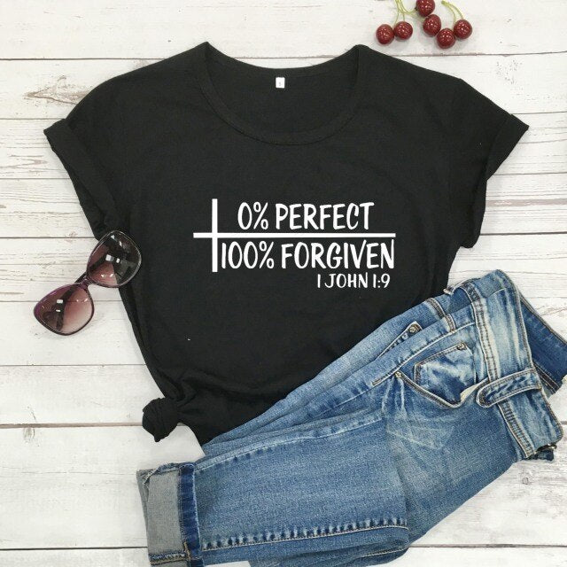 0% Perfect 100% Forgiven T-Shirt - Black white txt / XS - Black white txt / S - Black white txt / XL - Black white txt / XXL - Black white txt / M - Black white txt / L