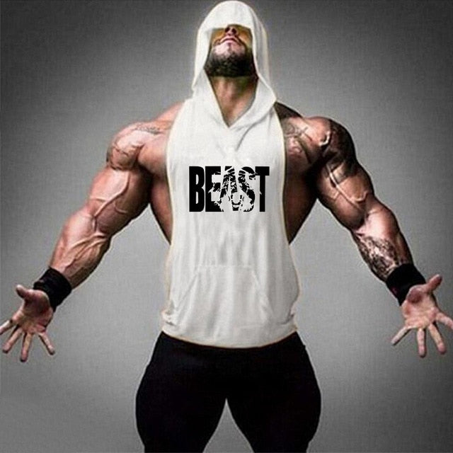 Fitness Cotton Tank Top with Hood - BEAST white / M - BEAST white / L - BEAST white / XL - BEAST white / XXL