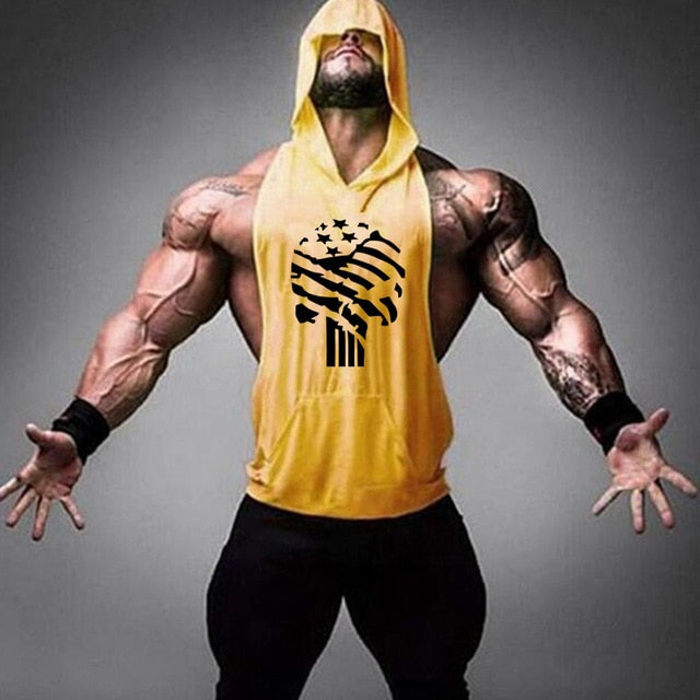 Fitness Cotton Tank Top with Hood - Skull yellow / M - Skull yellow / L - Skull yellow / XL - Skull yellow / XXL