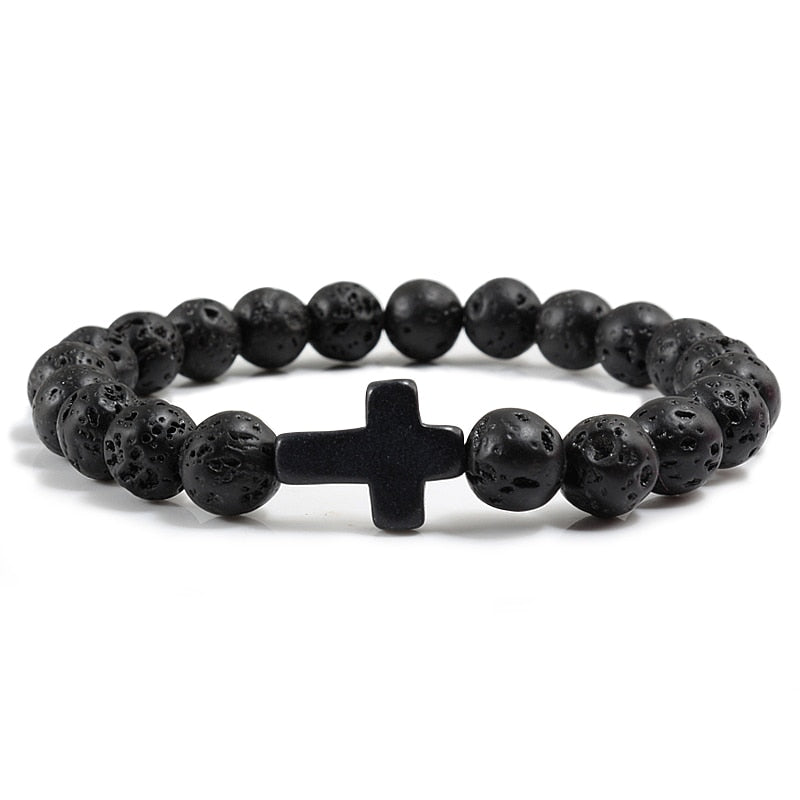 Cross Charm Bracelet Black Lava Stone / Multiple Colors