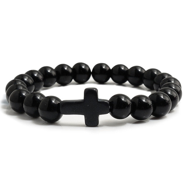 Cross Charm Bracelet Black Lava Stone / Multiple Colors - bright black matte