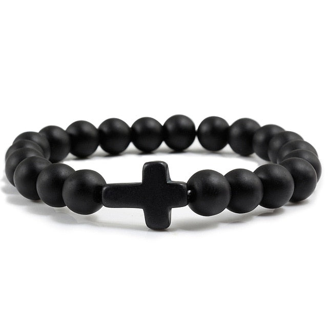 Cross Charm Bracelet Black Lava Stone / Multiple Colors - black matte