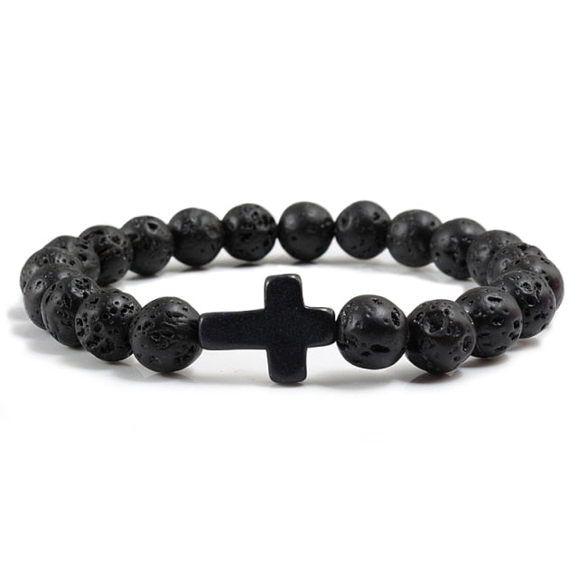 Cross Charm Bracelet Black Lava Stone / Multiple Colors - lava black