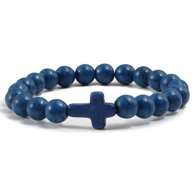 Cross Charm Bracelet Black Lava Stone / Multiple Colors - dark blue