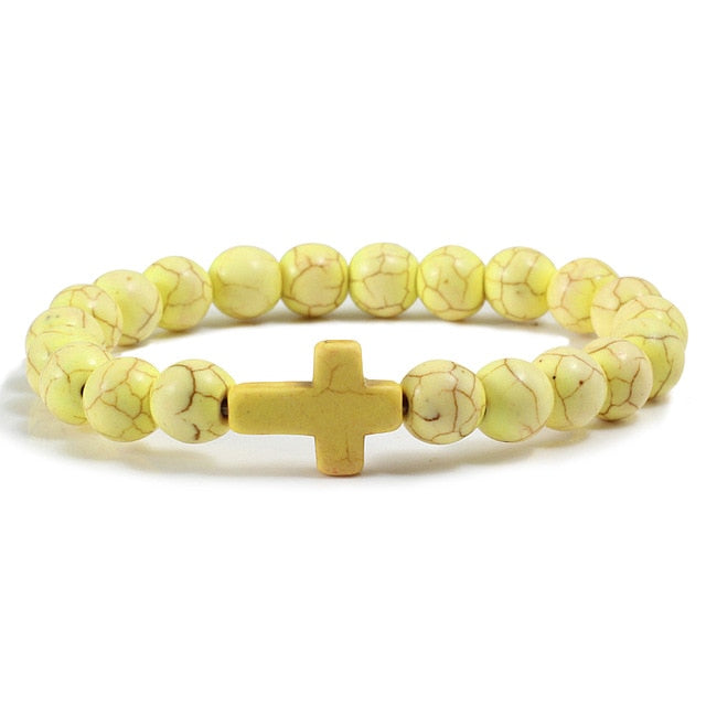 Cross Charm Bracelet Black Lava Stone / Multiple Colors - yellow